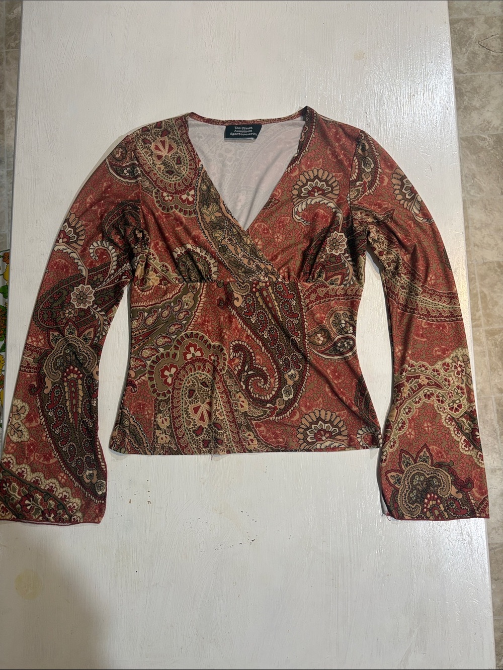 Y2K Rust and Cream Paisley Bell Sleeve Top